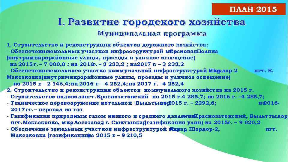 ПЛАН 2015 I. Развитие городского хозяйства Муниципальная программа 1. Строительство и реконструкция объектов дорожного