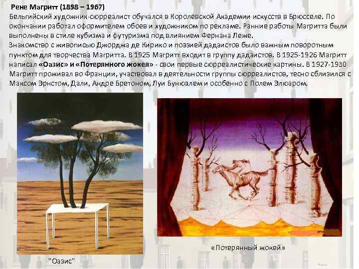  Рене Магритт (1898 – 1967) Бельгийский художник-сюрреалист обучался в Королевской Академии искусств в