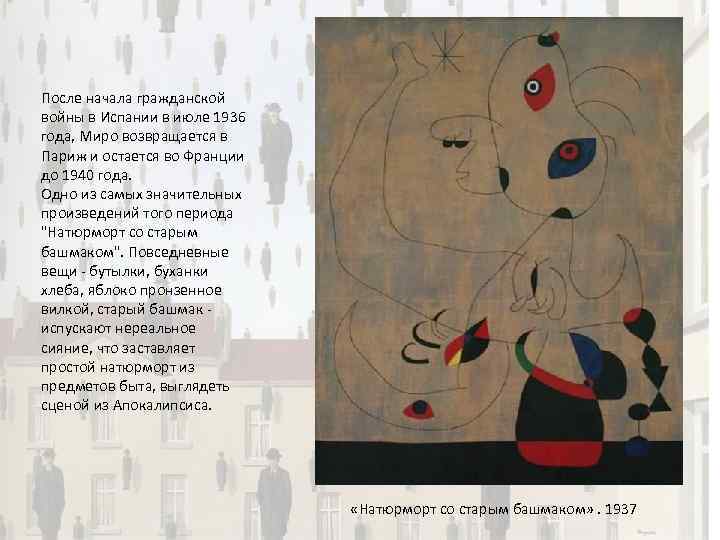 После начала гражданской войны в Испании в июле 1936 года, Миро возвращается в Париж