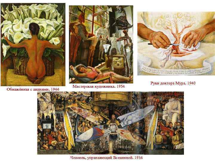 Обнажённая с лилиями. 1944 Мастерская художника. 1954 Человек, управляющий Вселенной. 1934 Руки доктора Мура.