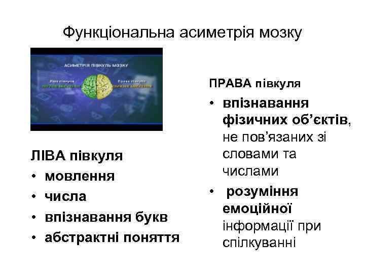 Функціональна асиметрія мозку ПРАВА півкуля ЛІВА півкуля • мовлення • числа • впізнавання букв