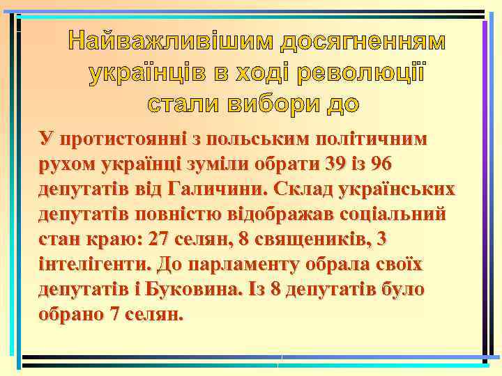 У протистоянні з польським політичним рухом українці зуміли обрати 39 із 96 депутатів від