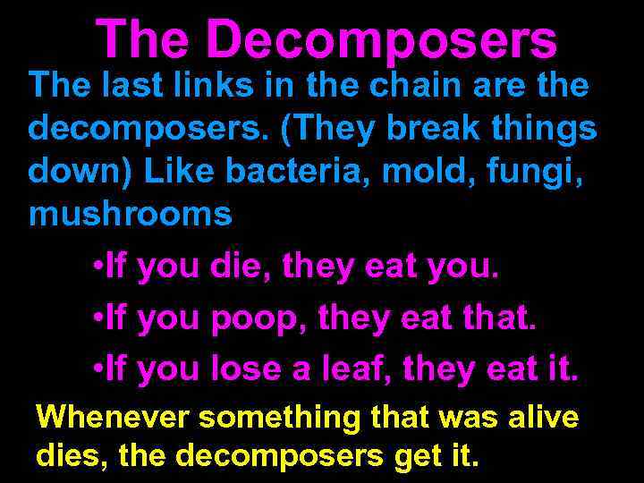 The Decomposers The last links in the chain are the decomposers. (They break things