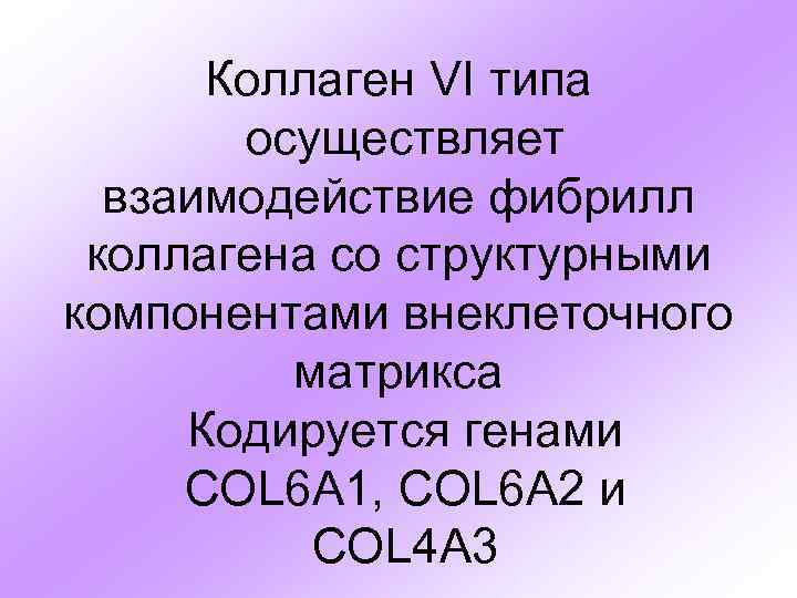 Коллаген VI типа осуществляет взаимодействие фибрилл коллагена со структурными компонентами внеклеточного матрикса Кодируется генами