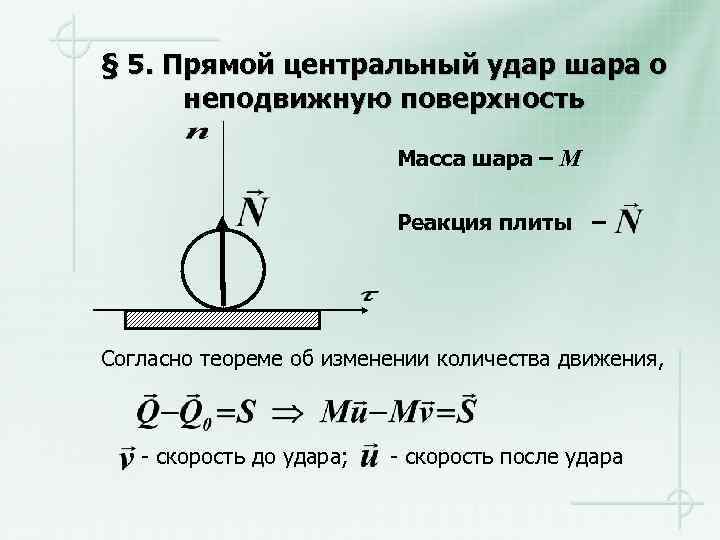 § 5. Прямой центральный удар шара о неподвижную поверхность Масса шара – M Реакция