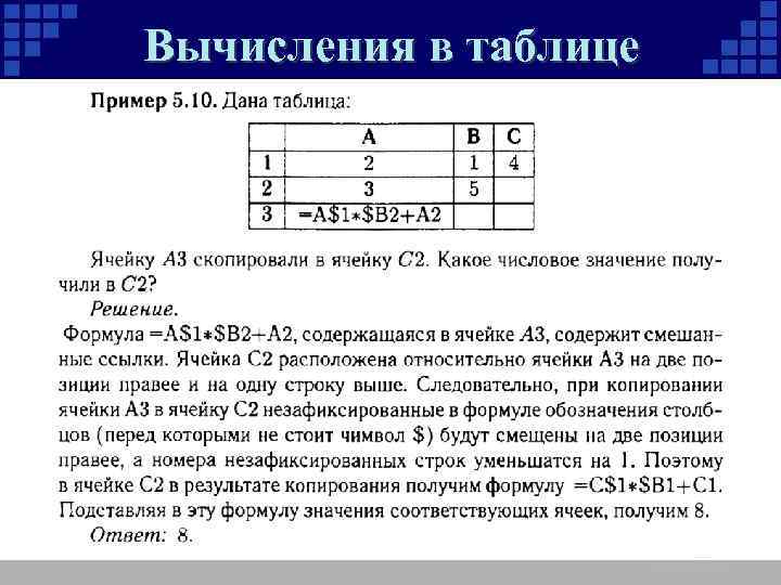 Вычисления в электронных таблицах. Организация расчетов в электронных таблицах. Вычисления в электронной таблице (формулы, функции, ссылки)..