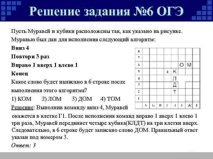 Решение задания № 6 ОГЭ Пусть Муравей и кубики расположены так, как указано на