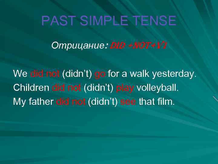 PAST SIMPLE TENSE Отрицание: DID +NOT+V 1 We did not (didn’t) go for a