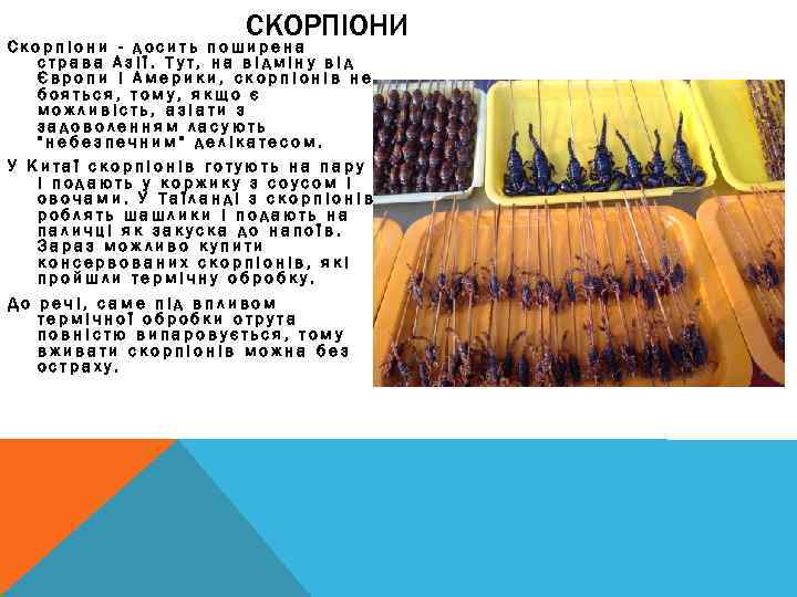 СКОРПІОНИ Скорпіони - досить поширена страва Азії. Тут, на відміну від Європи і Америки,