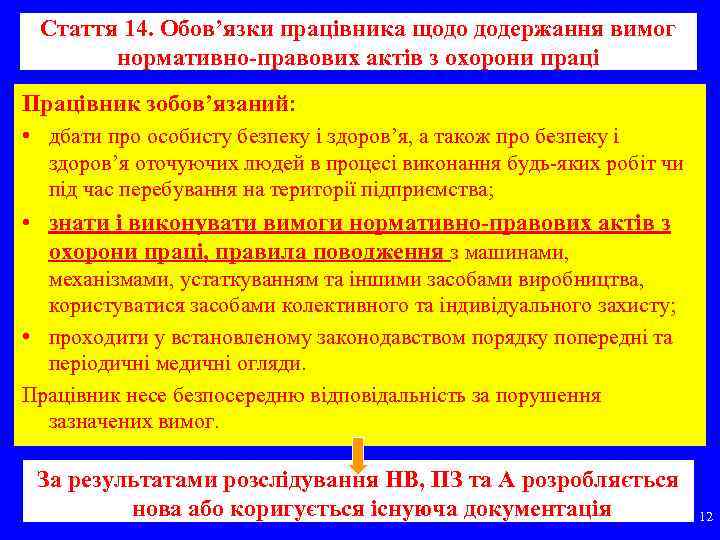 Стаття 14. Обов’язки працівника щодо додержання вимог нормативно-правових актів з охорони праці Працівник зобов’язаний: