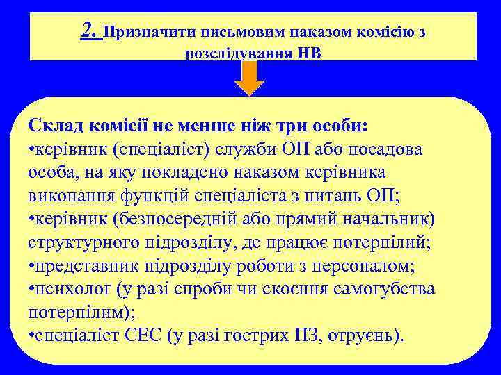 2. Призначити письмовим наказом комісію з розслідування НВ Склад комісії не менше ніж три