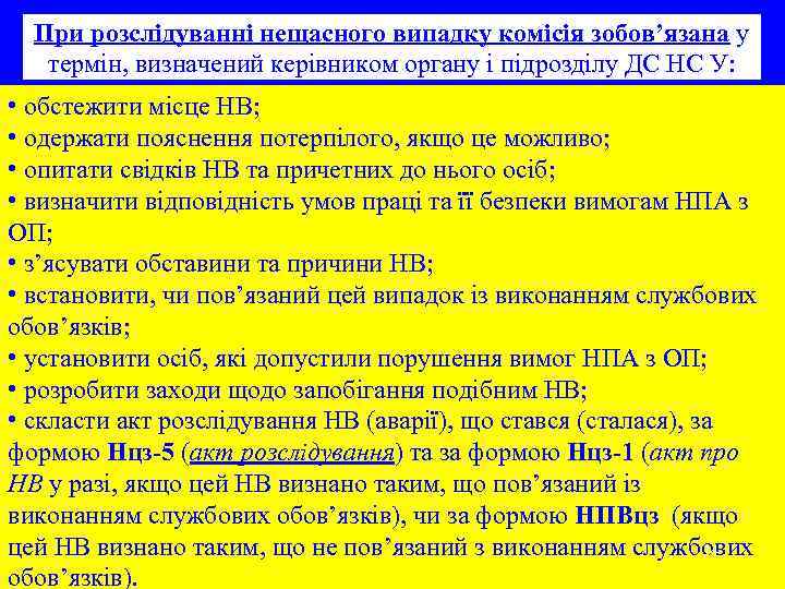 При розслідуванні нещасного випадку комісія зобов’язана у термін, визначений керівником органу і підрозділу ДС