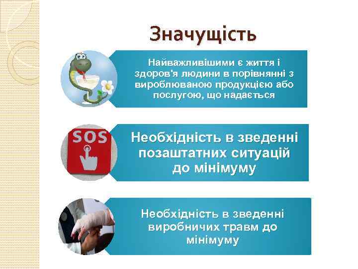 Значущість Найважливішими є життя і здоров'я людини в порівнянні з вироблюваною продукцією або послугою,