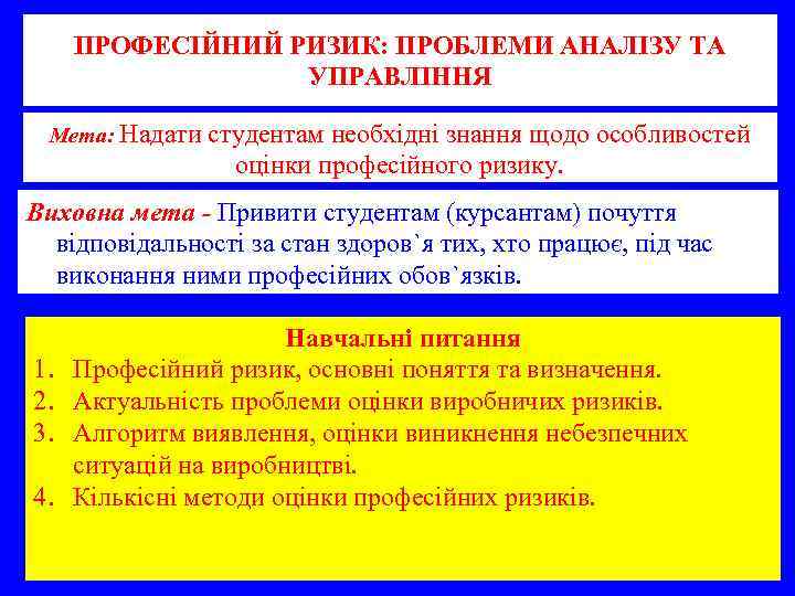 ПРОФЕСІЙНИЙ РИЗИК: ПРОБЛЕМИ АНАЛІЗУ ТА УПРАВЛІННЯ Мета: Надати студентам необхідні знання щодо особливостей оцінки