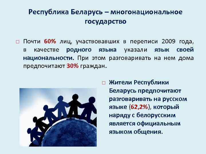 Республика Беларусь – многонациональное государство Почти 60% лиц, участвовавших в переписи 2009 года, в