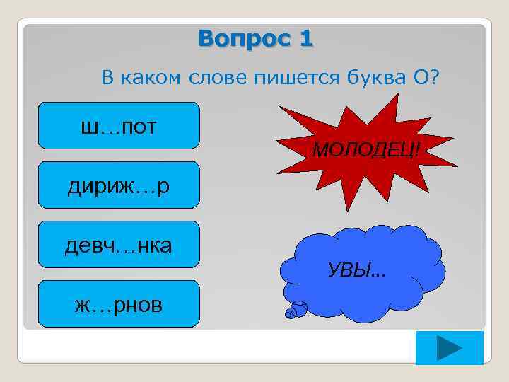 Вопрос 1 В каком слове пишется буква О? ш…пот МОЛОДЕЦ! дириж…р девч…нка УВЫ. .