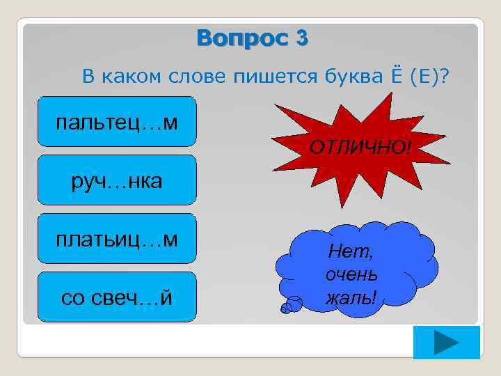 Вопрос 3 В каком слове пишется буква Ё (Е)? пальтец…м ОТЛИЧНО! руч…нка платьиц…м со