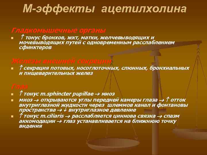 М-эффекты ацетилхолина Гладкомышечные органы n тонус бронхов, жкт, матки, желчевыводящих и мочевыводящих путей с