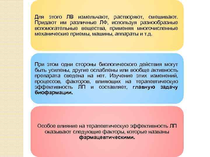 Для этого ЛВ измельчают, растворяют, смешивают. Придают им различные ЛФ, используя разнообразные вспомогательные вещества,