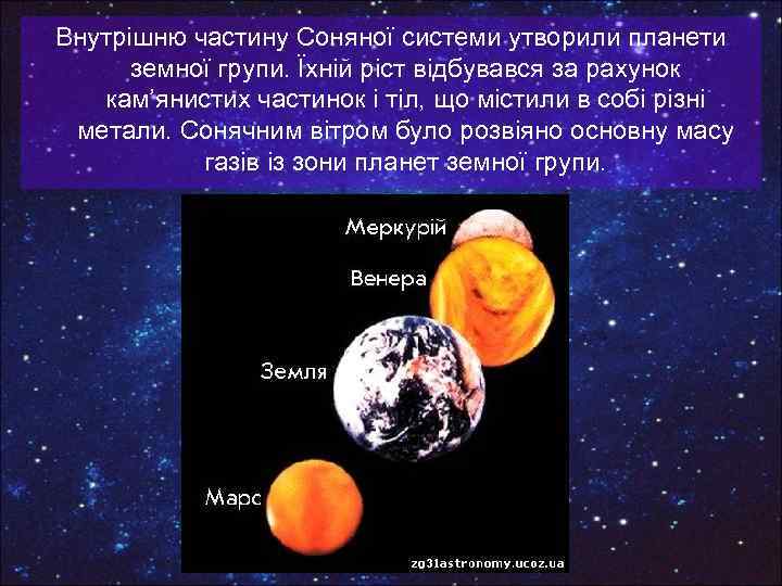 Внутрішню частину Соняної системи утворили планети земної групи. Їхній ріст відбувався за рахунок кам’янистих