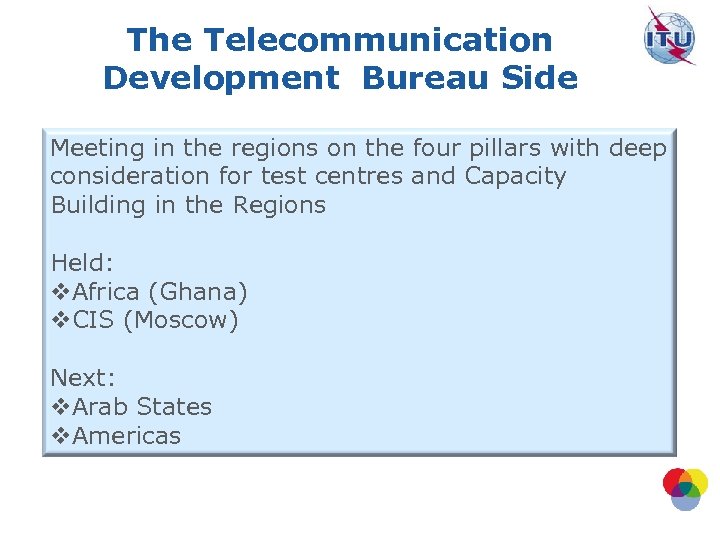 The Telecommunication Development Bureau Side Meeting in the regions on the four pillars with