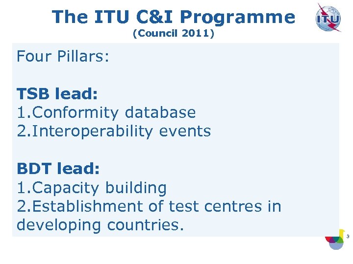 The ITU C&I Programme (Council 2011) Four Pillars: TSB lead: 1. Conformity database 2.