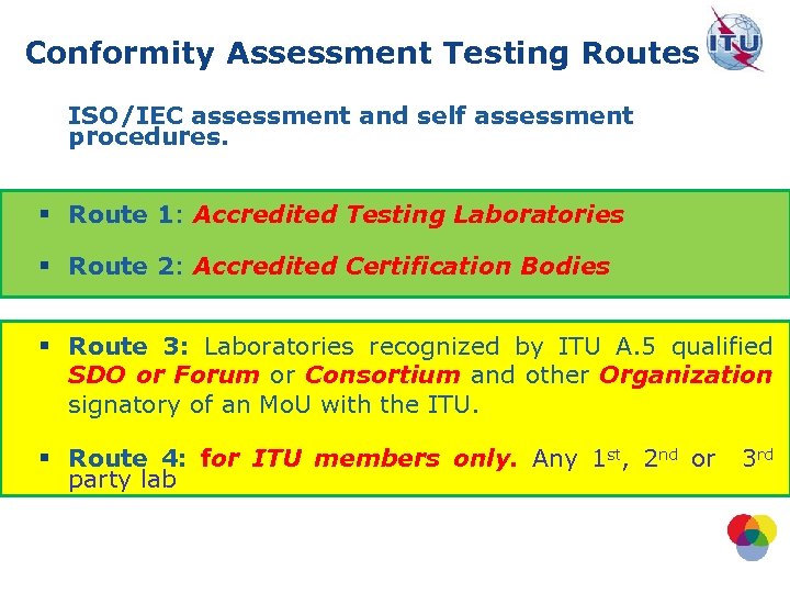 Conformity Assessment Testing Routes ISO/IEC assessment and self assessment procedures. § Route 1: Accredited