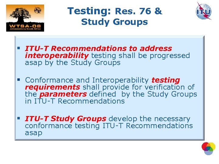 Testing: Res. 76 & Study Groups § ITU-T Recommendations to address interoperability testing shall