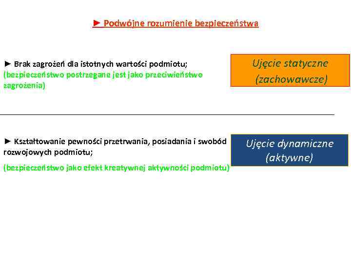 ► Podwójne rozumienie bezpieczeństwa ► Brak zagrożeń dla istotnych wartości podmiotu; (bezpieczeństwo postrzegane jest