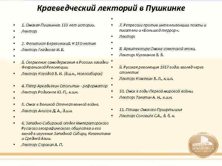 Краеведческий лекторий в Пушкинке • • • • 1. Омская Пушкинка: 110 лет истории.
