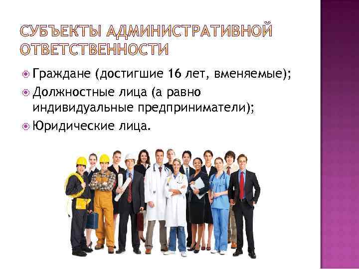  Граждане (достигшие 16 лет, вменяемые); Должностные лица (а равно индивидуальные предприниматели); Юридические лица.
