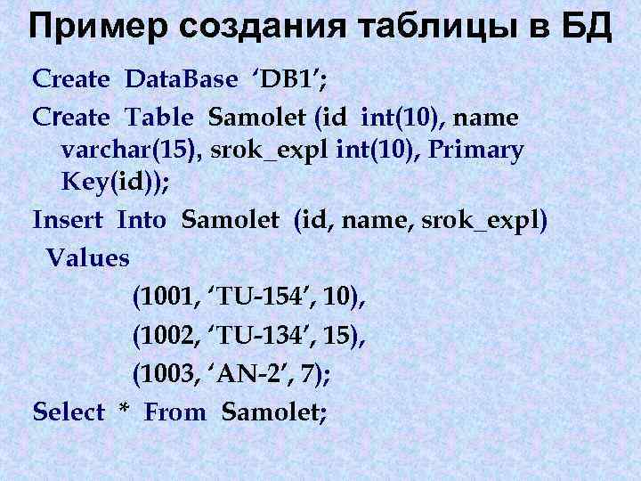 Пример создания таблицы в БД Create Data. Base ‘DB 1’; Create Table Samolet (id