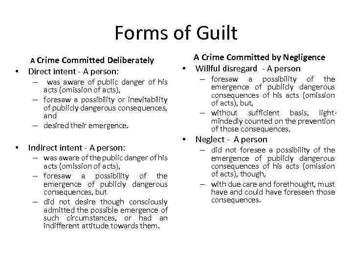Forms of Guilt A Crime Committed Deliberately • Direct intent - A person: A