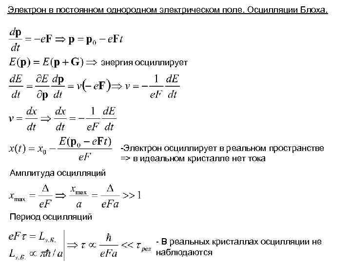 Электрон в постоянном однородном электрическом поле. Осцилляции Блоха. энергия осциллирует -Электрон осциллирует в реальном