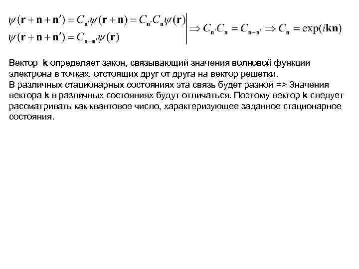 Вектор k определяет закон, связывающий значения волновой функции электрона в точках, отстоящих друг от