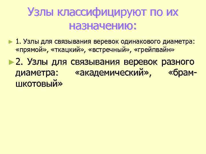 Узлы классифицируют по их назначению: ► 1. Узлы для связывания веревок одинакового диаметра: «прямой»