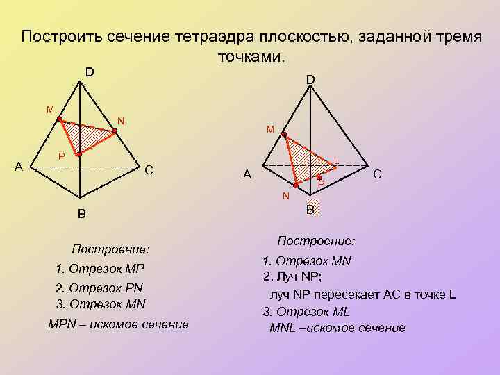 Построить сечение тетраэдра плоскостью, заданной тремя точками. D D M N А M P