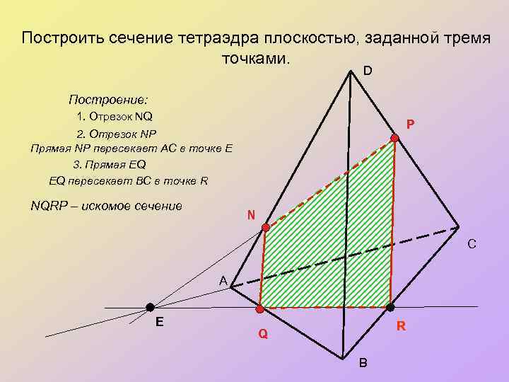 Построить сечение тетраэдра плоскостью, заданной тремя точками. D Построение: 1. Отрезок NQ P 2.