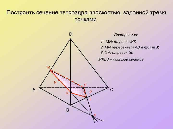 Построить сечение тетраэдра плоскостью, заданной тремя точками. D Построение: 1. MN; отрезок МК 2.