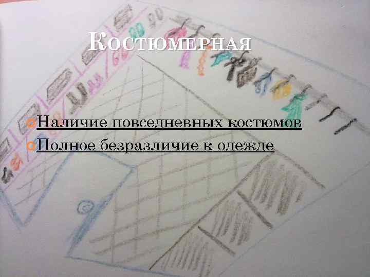 КОСТЮМЕРНАЯ Наличие повседневных костюмов Полное безразличие к одежде 