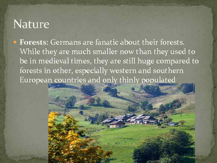 Nature Forests: Germans are fanatic about their forests. While they are much smaller now