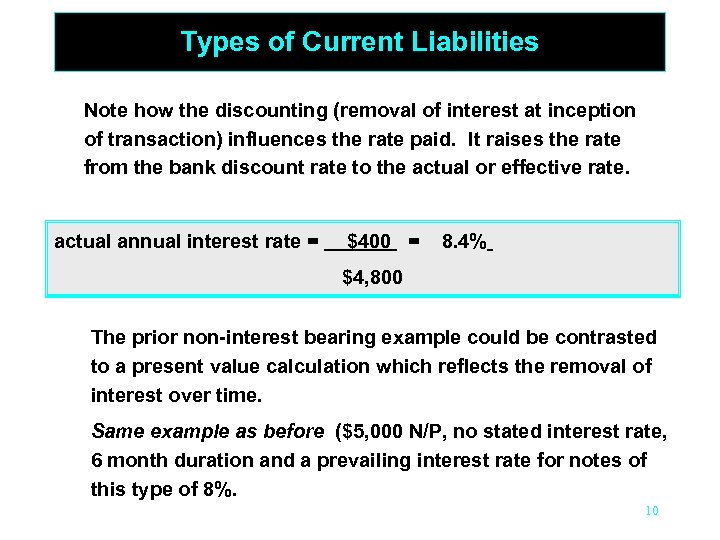 Types of Current Liabilities Note how the discounting (removal of interest at inception of
