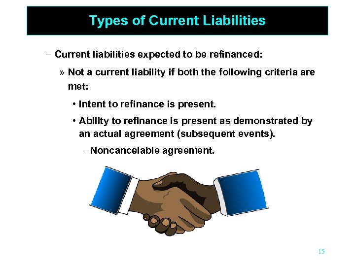 Types of Current Liabilities – Current liabilities expected to be refinanced: » Not a