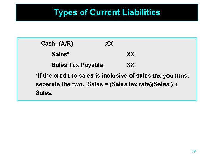 Types of Current Liabilities Cash (A/R) XX Sales* XX Sales Tax Payable XX *If