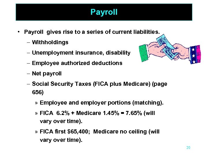 Payroll • Payroll gives rise to a series of current liabilities – Withholdings –