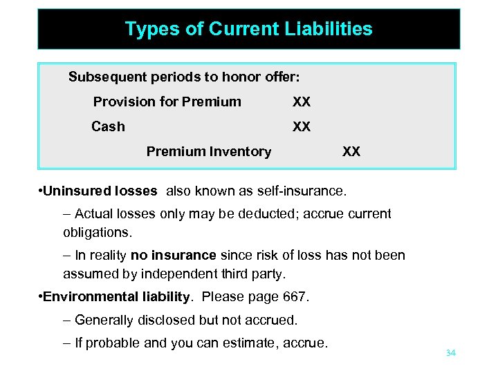 Types of Current Liabilities Subsequent periods to honor offer: Provision for Premium XX Cash