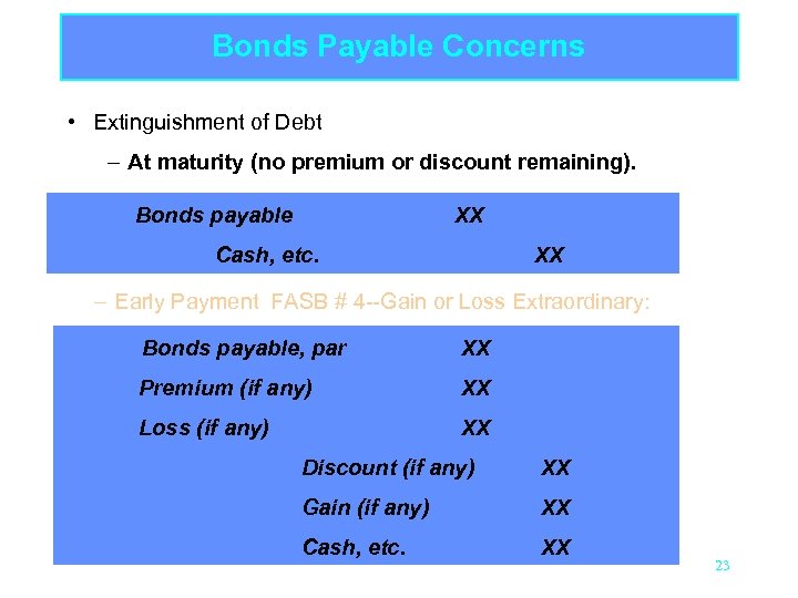 Bonds Payable Concerns • Extinguishment of Debt – At maturity (no premium or discount