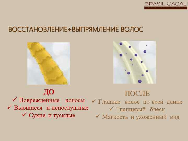 ВОССТАНОВЛЕНИЕ+ВЫПРЯМЛЕНИЕ ВОЛОС ДО ПОСЛЕ ü Поврежденные волосы ü Гладкие волос по всей длине ü