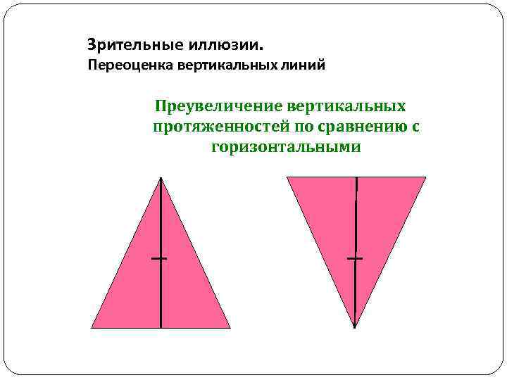Зрительные иллюзии. Переоценка вертикальных линий Преувеличение вертикальных протяженностей по сравнению с горизонтальными 