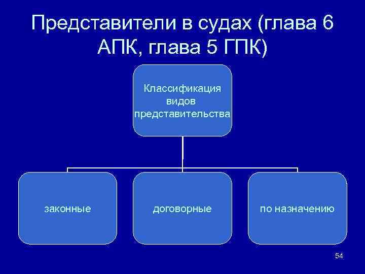 Представители в судах (глава 6 АПК, глава 5 ГПК) Классификация видов представительства законные договорные